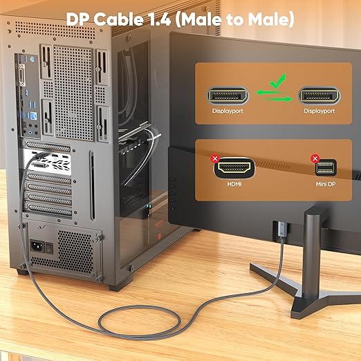 8K Displayport Cable 1.4, 6.6ft Gold-Plated DP Cord (8K@60Hz, 4K@144Hz, 32Gbps) HDR, DP to DP Cables Compatible with Gaming PC, Laptops, Monitor, Computer, Projector [3 Pack]