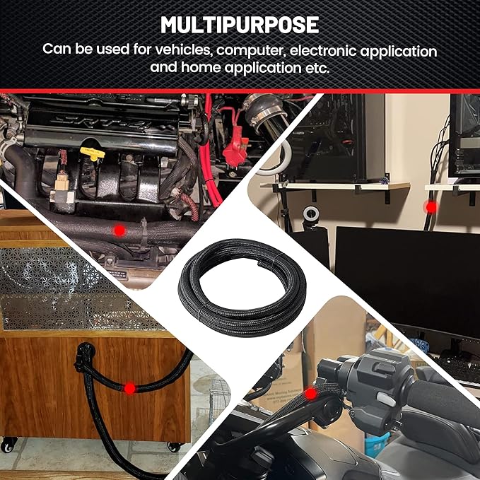 RED WOLF 10 Feet - 1 Inch Braided Wire Cable Sleeve Split Wiring Loom Tube Flexible Self-Wrap for Automotive Computer Cable Cord Management Cover Protector, Anti-Scratch High-Temperature Black Loom