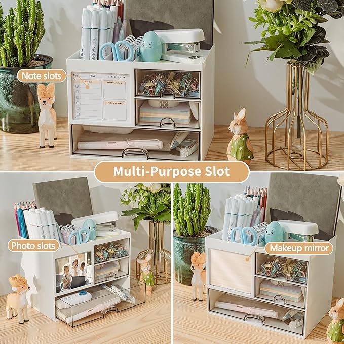 Desk Organizer with 3 Drawer, Multi-Functional Pencil Pen Holder for Desk, Desk Organizers and Storage with 8 Compartments, Desktop Organizer for Office Home Art Supplies (White)