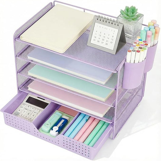 Desk Organizer and Accessories, 5-Tier Paper Letter Tray Organizer with Drawer & 2 Pen Holders for Desktop File Organization, Office Desk Accessories for Supplies Storage (Purple)