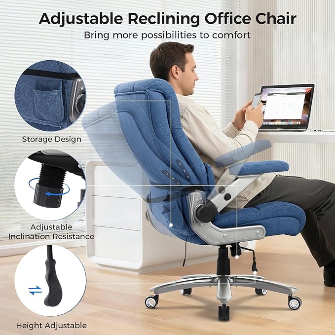 600LBS Big and Tall Massage Office Chair, Extra Wide Seat - 3D Kneading Massage & Heat Office Chair with Heavy Duty Metal Base, 3D Flip Arms, Fabric Ergonomic with Thick Spring Cushion