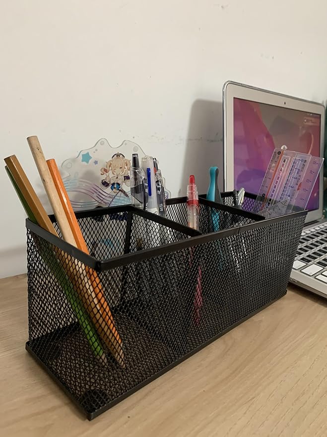 Pencil Holder, Metal Mesh Pen Holder Desk Organizer 3 Compartments for Office School Home Supplies or Accessories,Kitchen Utensil,Small 10.43 x 3.3 x3x4 inch, Black(2pc pack)