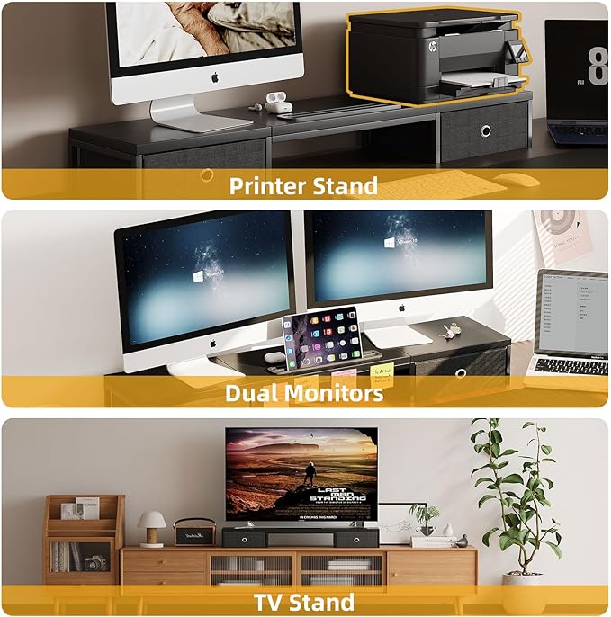 Mexin Dual Monitor Stand Riser with 2 Drawers - 39Inch Large Storage Computer Monitor Stands for 2 Monitors, Wooden Desktop Organizer Perfect for Home Office Desk, Computer, Laptop, TV, Black