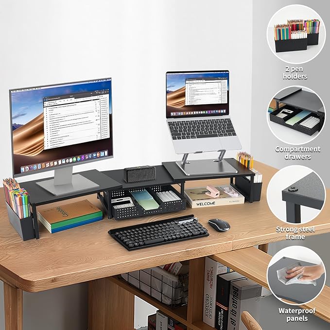 OPNICE Wood Desk Organizers and Accessories, Dual Monitor Stand Riser with Drawer and 2 Pen Holders, Desk Shelf Computer Racks for Office Workspace Organizers, Desktop Organization (Black)