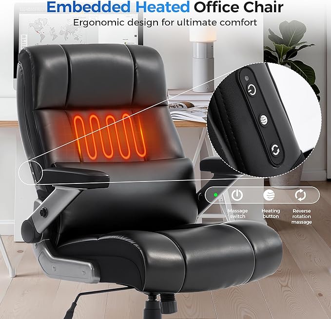 600LBS Big and Tall Massage Office Chair, Extra Wide Seat - 3D Kneading Massage & Heat Office Chair with Heavy Duty Metal Base, 3D Flip Arms, Leather Ergonomic with Thick Spring Cushion