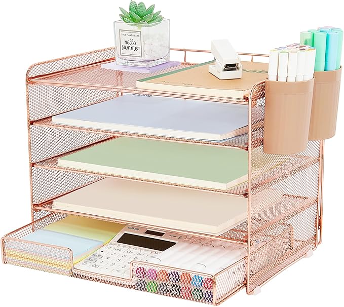 Desk Organizer and Accessories, 5-Tier Paper Letter Tray Organizer with Drawer & 2 Pen Holders for Desktop File Organization, Office Desk Accessories for Supplies Storage (Rose Gold)