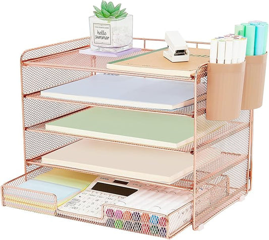 Desk Organizer and Accessories, 5-Tier Paper Letter Tray Organizer with Drawer & 2 Pen Holders for Desktop File Organization, Office Desk Accessories for Supplies Storage (Rose Gold)