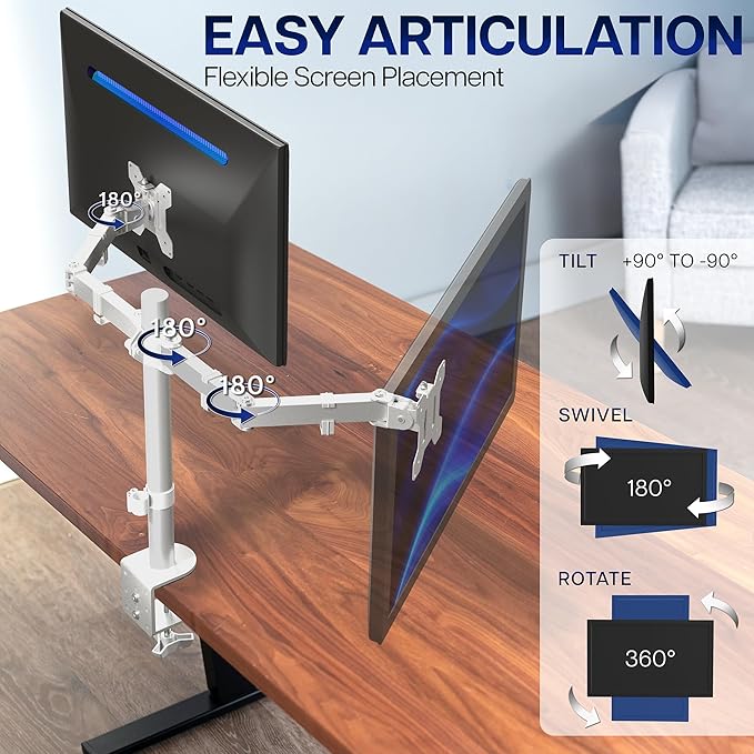 VIVO Dual Monitor Desk Mount, Heavy Duty Fully Adjustable Steel Stand, Holds 2 Computer Screens up to 30 inches and Max 22lbs Each, White, STAND-V002W