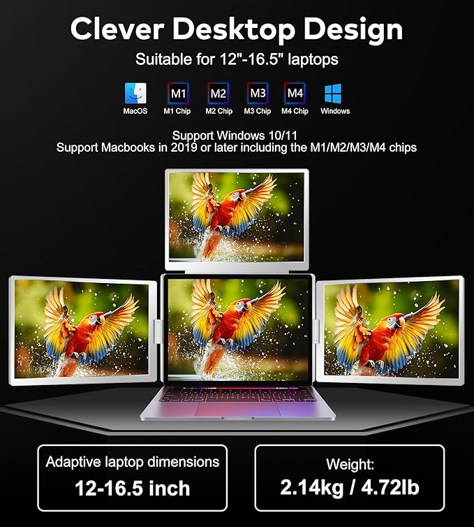 FOPO 14" Laptop Screen Extender, FHD 1080P IPS Monitor Extender, Just 1 Cable for 3 Screens Quad Monitor, Triple Extender for 12"-17.3" Laptops, Compatible with Windows 10/11 and Mac M1/M2/M3