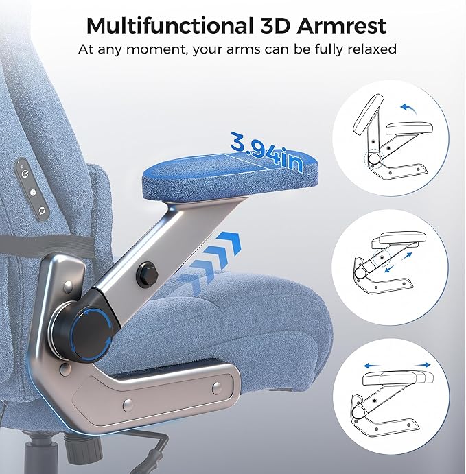 600LBS Big and Tall Massage Office Chair, Extra Wide Seat - 3D Kneading Massage & Heat Office Chair with Heavy Duty Metal Base, 3D Flip Arms, Fabric Ergonomic with Thick Spring Cushion