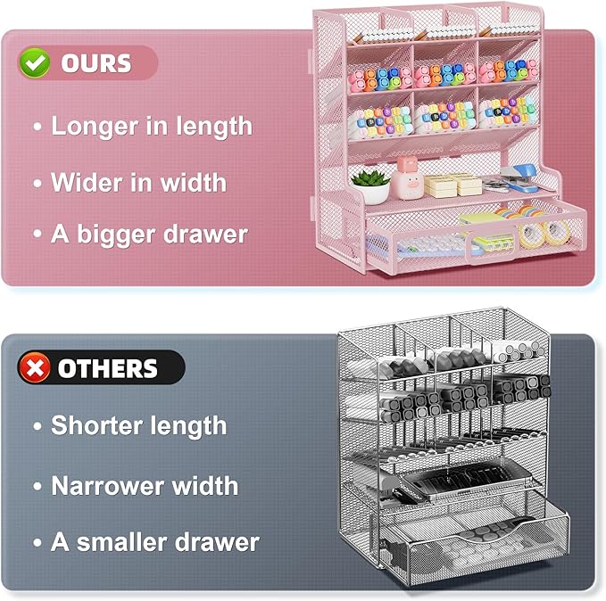 Marbrasse Larger Mesh Desk Organizer with Drawer, Multi-Functional Pen Pencil Holder, Easy Assembly, Desk Organizers and Accessories for Office Art Supplies (Pink)