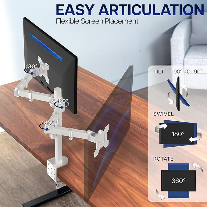 VIVO Dual Monitor Desk Mount, Heavy Duty Fully Adjustable Stand, Fits 2 LCD LED Screens up to 32 inches, White, STAND-V032W