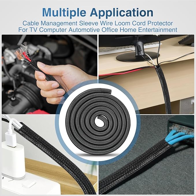 Nilight Cable Sleeve, 25ft-1/2inch Cord Management Sleeves, Braided Sleeving, Split Self Wrapping Wire Loom for Computer Electrical Automotive Harness Protector Organizer, Black