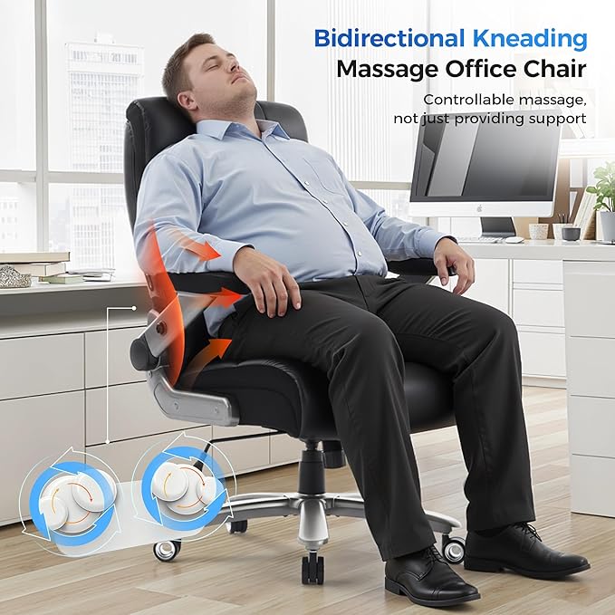 600LBS Big and Tall Massage Office Chair, Extra Wide Seat - 3D Kneading Massage & Heat Office Chair with Heavy Duty Metal Base, 3D Flip Arms, Leather Ergonomic with Thick Spring Cushion