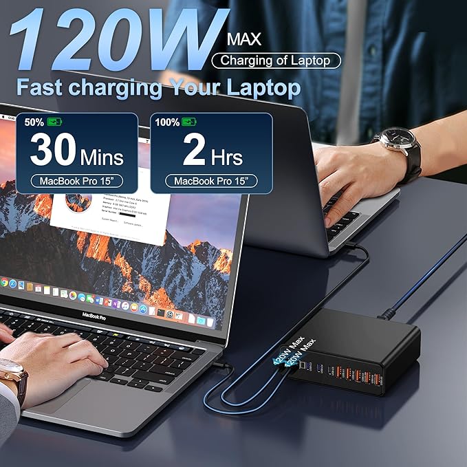 750W USB C Charger Block,10-Port Charging Station GaN Fast Charging Type C & USB A Wall Charger Adapter for MacBook Pro/Air,iPhone,iPad,Dell XPS,Samsung Galaxy (Bright Black)