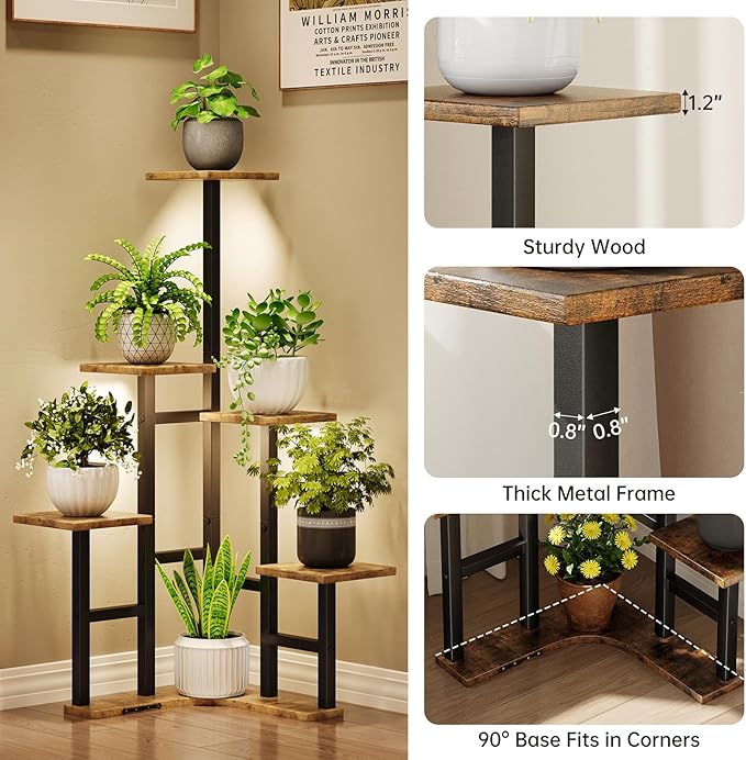 Corner Plant Stand Indoor with Grow Lights, 6 Tiered Corner Plant Shelf Flower Stand for Multiple Plants, Plant Shelves Organizer Rack for Living Room, Balcony, Patio, Square Rustic Brown