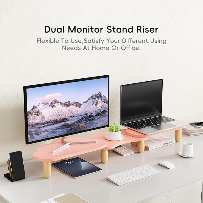 Dual Monitor Stand Riser, Adjustable Rainbow Cloud Desktop Organizer for 2 Monitors, Flexible Length & Angle Computer Stand for Laptop, PC, Printer, Home Office Use - Pink