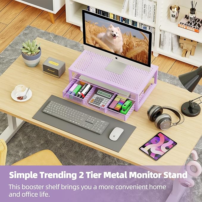 Simple Trending Metal Monitor Stand Riser and Computer Desk Organizer with Drawer for Laptop, Computer, iMac, Purple