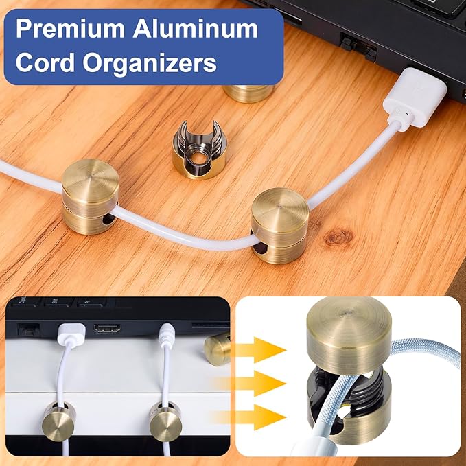 OIIKI 3 Sets Charger Cord Holders, Adhesive Cable Clip Cord Organizers, Metal Adjustable Wire Management Office Nightstand Desk Accessories for Charger Wire USB Keyboard Cable- Bronze