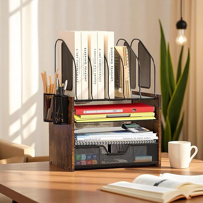 Wood Desk Organizer - 4-Tier Desktop File Organizer with Drawer, Wooden Paper Tray, Vertical File Holders & 2 Pencil Holders - Office Desk Organizer for Papers, Mail, Notebooks, Stationery