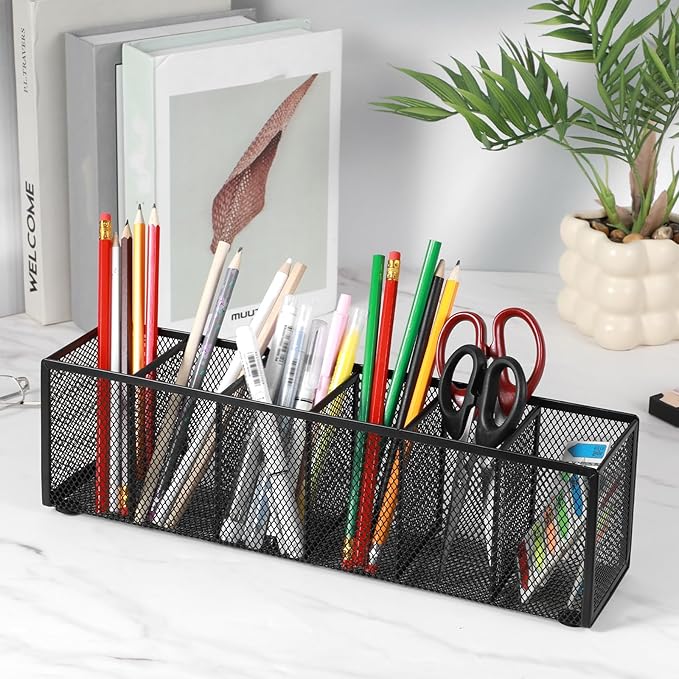 2 Pcs Black Metal Mesh Desk Organizer Pen Holder 6 Compartments Pencil Holder for Desk, pen organizer for Office Supplies, Pencil Caddy, Makeup Brush Storage, Home and Classroom Accessories
