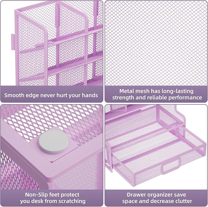 Marbrasse Larger Mesh Desk Organizer with Drawer, Multi-Functional Pen Pencil Holder, Easy Assembly, Desk Organizers and Accessories for Office Art Supplies (Purple)