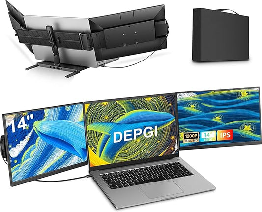 DEPGI 14" Laptop Screen Extender Built-in Cooler, 1200P FHD One Cable Connect Portable Triple Monitor, Dual Screen Monitor Fits 13"-17.3" Laptop with Stand for MacOS/Windows