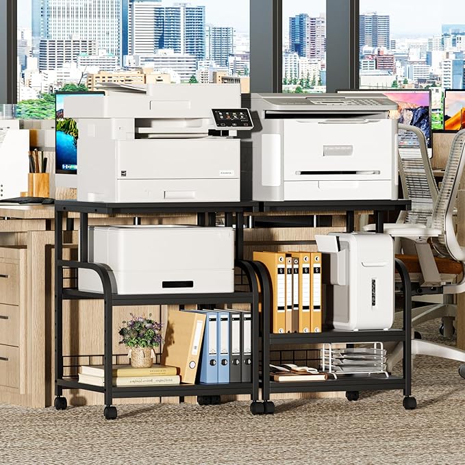 Lerliuo Large Printer Stand with Storage, 23.6"W x 18.9"D x 30.2"H, 5-Adjustable Shelf Heights Mobile 3 Tier Table with Lockable Wheels, Industrial Rolling Printer Cart, Black Stands for Home Office
