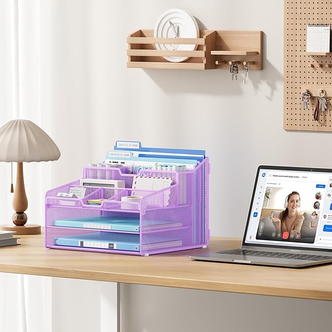 Lavatino Desk Paper File Organizer - Metal Mesh with 2 Letter Trays, 7 Flexible Dividers, 2 Vertical File Folder Holders for Office/Home/Classroom Supplies, Desk Organizers and Accessories, Purple