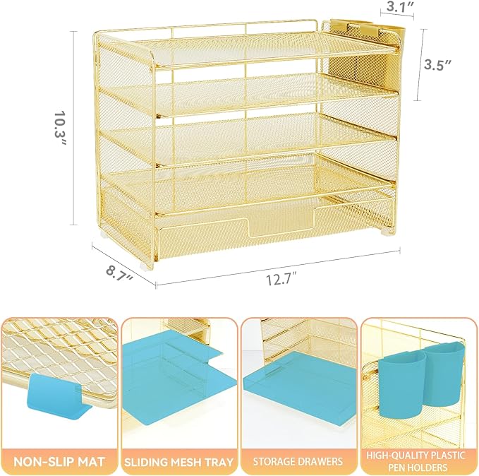 Desk Organizer and Accessories, 5-Tier Paper Letter Tray Organizer with Drawer & 2 Pen Holders for Desktop File Organization, Office Desk Accessories for Supplies Storage (Gold)