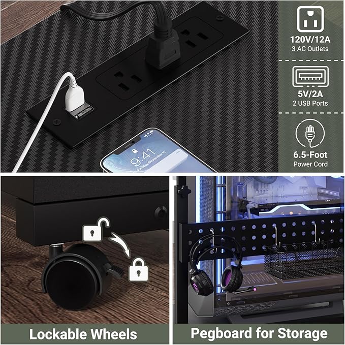 Computer Tower Stand with Power Strips, 4 Levels Manual Height Adjustable PC Tower Stand for Under Desk, Mobile Rolling CPU Holder, Computer Cart with Wheels, 24", Carbon Fiber Black