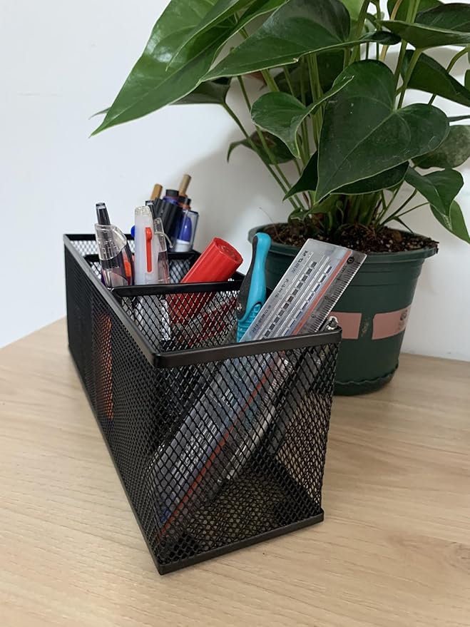 Pencil Holder, Metal Mesh Pen Holder Desk Organizer 3 Compartments for Office School Home Supplies or Accessories,Kitchen Utensil,Small 10.43 x 3.3 x3x4 inch, Black(2pc pack)
