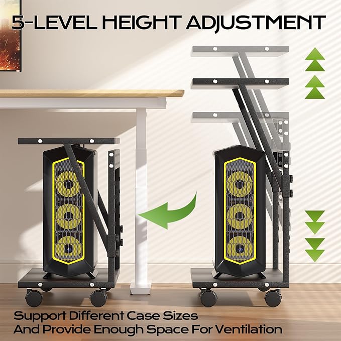 24In Large PC Stand, 5 Levels Height Adjustable Computer Tower Stand with Wheels and Hooks, CPU Holder Cart for Floor, Carpet and Under Desk, Easy Assembly（NOT Including Power Strips）