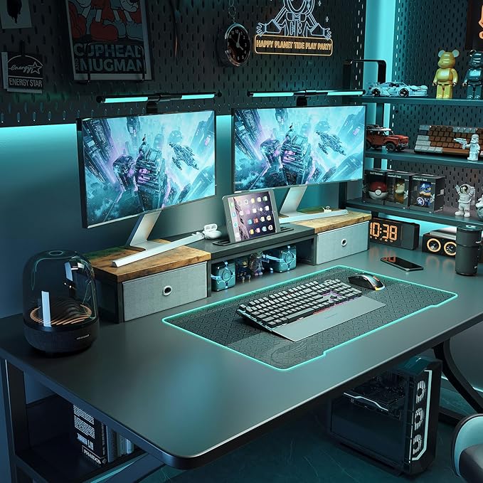 Mexin Dual Monitor Stand Riser with 2 Drawers - 39Inch Large Storage Computer Monitor Stands for 2 Monitors, Wooden Desktop Organizer Perfect for Home Office Desk, Computer, Laptop, TV