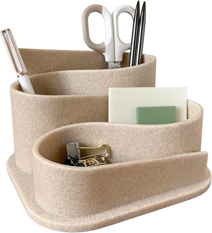 OAKOA Aesthetic Desk Organizer Pen Holder - Aesthetic Desk Accessories - Neutral Beige Boho Office Desk Accessories - Home Office Essentials for Women - Cute Pencil Holder