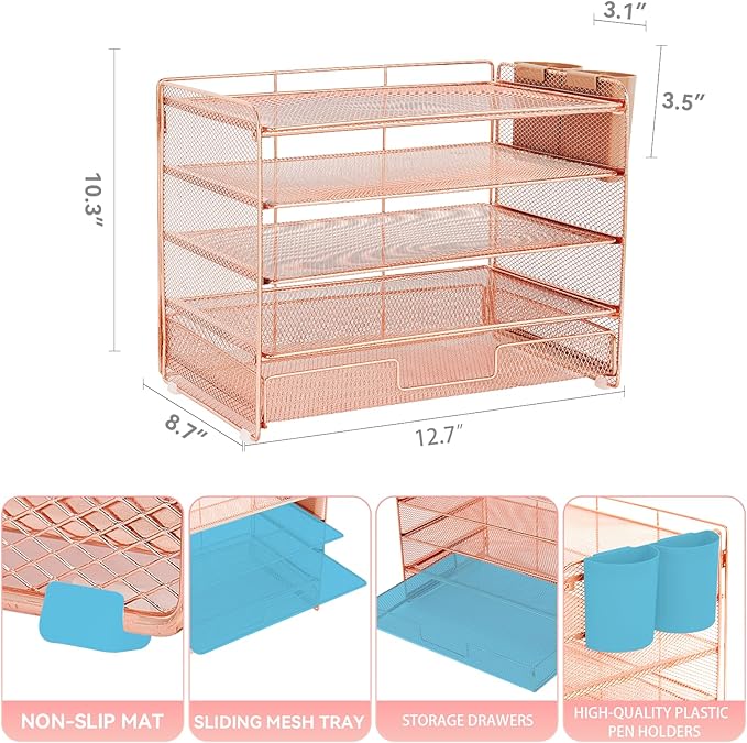 Desk Organizer and Accessories, 5-Tier Paper Letter Tray Organizer with Drawer & 2 Pen Holders for Desktop File Organization, Office Desk Accessories for Supplies Storage (Rose Gold)