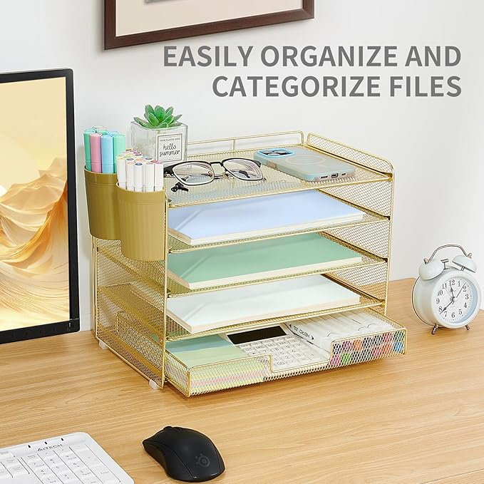 Desk Organizer and Accessories, 5-Tier Paper Letter Tray Organizer with Drawer & 2 Pen Holders for Desktop File Organization, Office Desk Accessories for Supplies Storage (Gold)