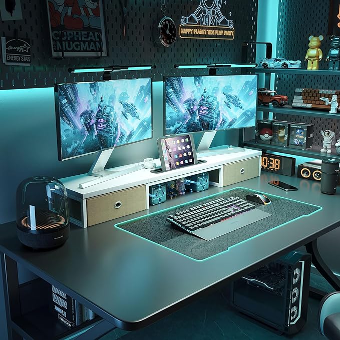 Mexin Dual Monitor Stand Riser with 2 Drawers - 39Inch Large Storage Computer Monitor Stands for 2 Monitors, Wooden Desktop Organizer Perfect for Home Office Desk, Computer, Laptop, TV, White