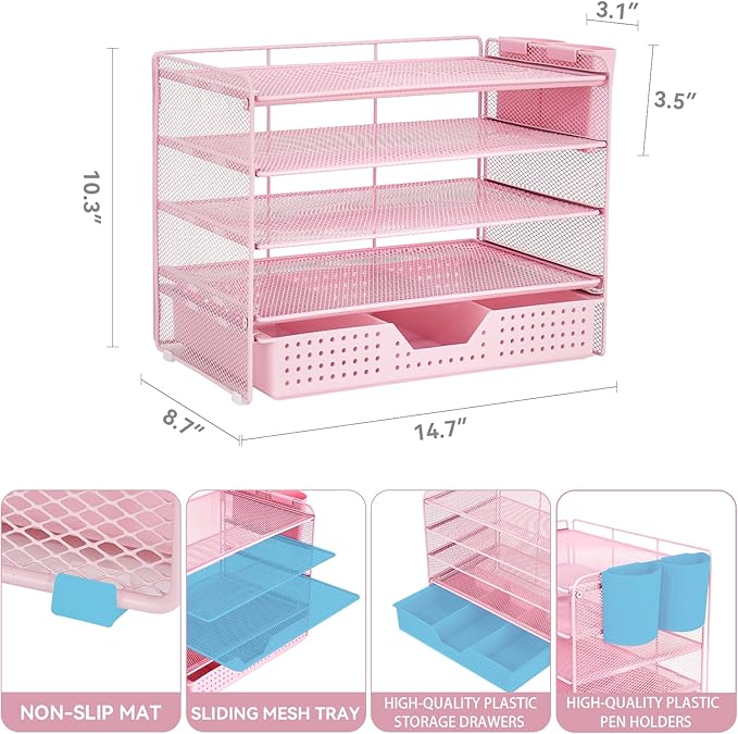 Desk Organizer and Accessories, 5-Tier Paper Letter Tray Organizer with Drawer & 2 Pen Holders for Desktop File Organization, Office Desk Accessories for Supplies Storage (Pink)