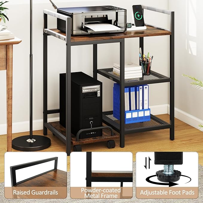 Giantex 3-Tier Printer Stand with Charging Station, 2 Open Storage Shelves, Side PC Stand on Wheels, 25" x 16" Mobile Printer Table for Computer Tower, Printer Shredder, Fax, Under Desk, Home Office