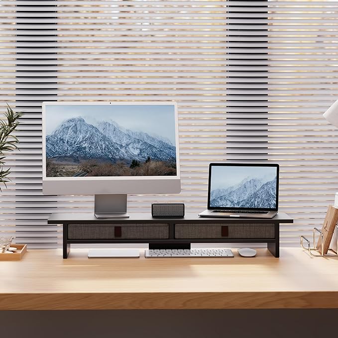 Fenge Monitor Stand with Drawer, 2 Tiers Dual Monitor Riser for Desk, 35 Inch Computer Stand for 2 Monitors, Desk Shelf for Home, Office, Laptop, PC, TV, Printer