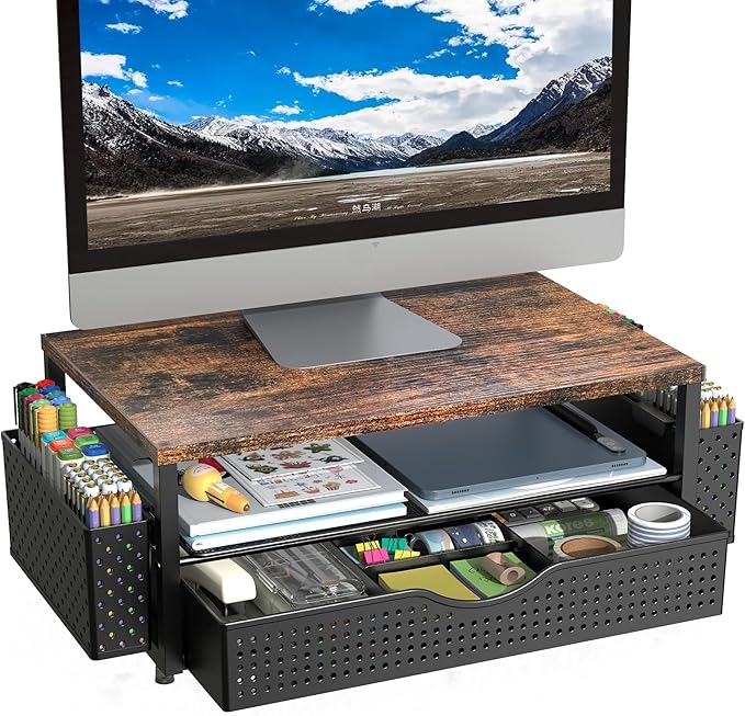 Spacrea Desk Organizer and Accessories, Computer Monitor Stand Riser with Drawer and 2 Pen Holders, Office Desk Accessories & Workspace Organizers for Office Supplies (Wood)