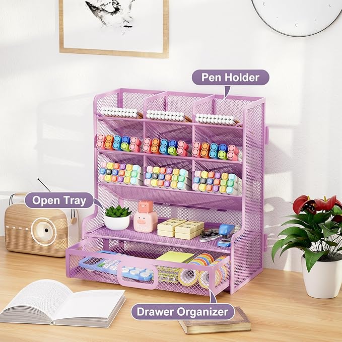 Marbrasse Larger Mesh Desk Organizer with Drawer, Multi-Functional Pen Pencil Holder, Easy Assembly, Desk Organizers and Accessories for Office Art Supplies (Purple)