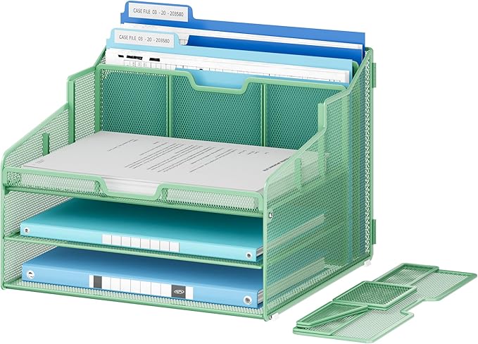Lavatino Desk Paper File Organizer - Metal Mesh with 2 Letter Trays, 7 Flexible Dividers, 2 Vertical File Folder Holders for Office/Home/Classroom Supplies, Desk Organizers and Accessories, Green
