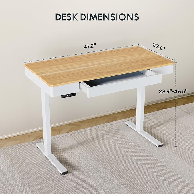 FLEXISPOT Q5 Standing Desk with Drawer, 48 x 24 Inch Electric Adjustable Height Stand Up Desk with Storage Organizer, Whole Piece Wooden Desktop for Home, Office, Computer Workstation, Maple