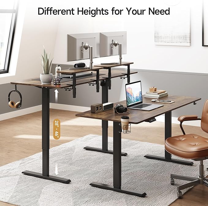 ONBRILL Standing Desk with 2 Adjustable Monitor Shelves, 63 x 24 Inches Electric Stand Up Desk with Memory Controller and Adjustable Height from 28-46 inches for Computer Workstations, Rustic Brown
