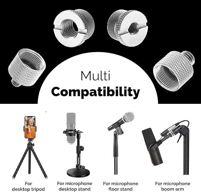 IXTECH Mic Stand Adapter Set - 8 Piece Metal Tripod Adapter Kit - 5/8 Female to 3/8 Male & 1/4 Female to 5/8 Male - ADP02A Silver