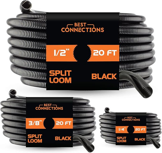 BEST CONNECTIONS Split Wire Loom Flex-Guard Convoluted Tubing Protective Split Cable Sleeves for Auto Home Industrial Electrical Wires Chemical Resistant Conduit Black (1/4", 3/8", 1/2" - 20ft ea)