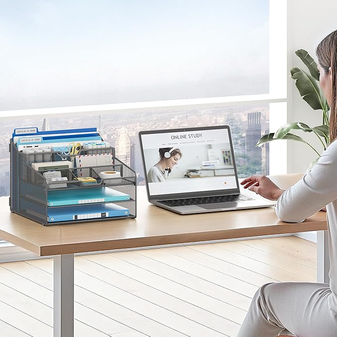 Lavatino Desk Paper File Organizer - Metal Mesh with 2 Letter Trays, 7 Flexible Dividers, 2 Vertical File Folder Holders for Office/Home/Classroom Supplies, Desk Organizers and Accessories, Grey