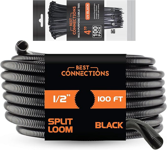 BEST CONNECTIONS 100 Ft – 1/2" Diameter Split Wire Loom Flex-Guard Convoluted Tubing with 100 Pcs 4" Nylon Cable Zip Ties Protective Split Cable Sleeves for Automotive Home Electrical Wires Black